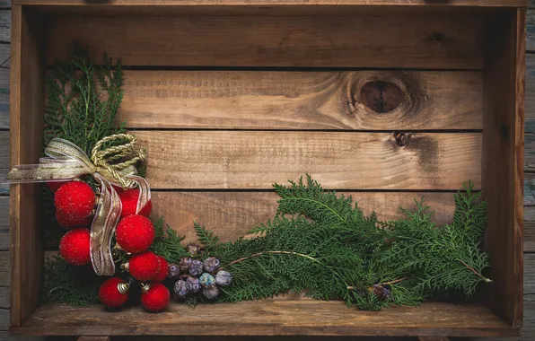 Balls, holiday, Board, fruit, Christmas, red, New year, wooden