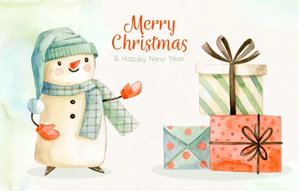 The inscription, figure, scarf, Christmas, gifts, New year, snowman, light background