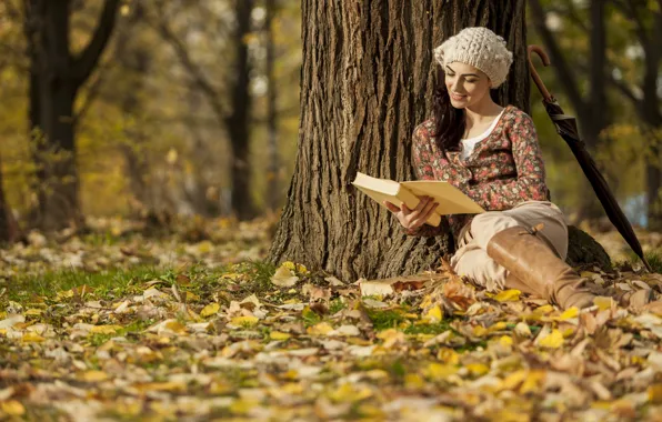 Picture autumn, girl, Park, foliage, umbrella, book, bokeh
