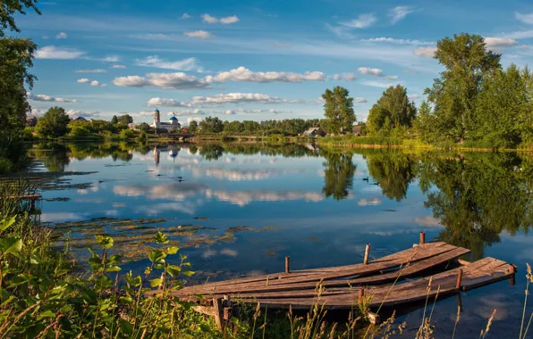 Picture landscape, lake, Church, the bridge