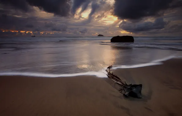 Sand, sea, the sky, water, clouds, sunset, Beach, New Zealand