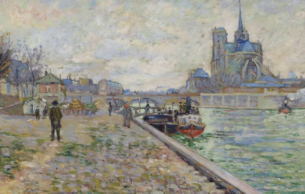 River, picture, Hay, Cathedral, the urban landscape, Paul Signac, Paris. Quay Of The Tournelle
