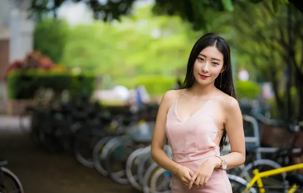 Girl, pose, smile, hair, dress, Asian