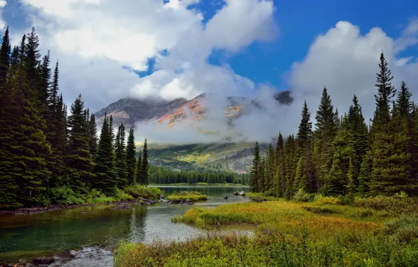 Clouds, landscape, mountains, nature, river