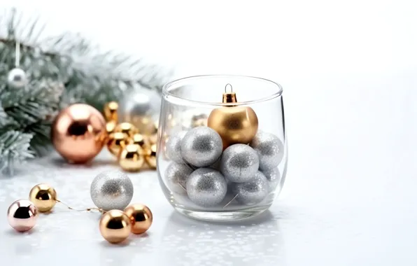 Glass, balls, branches, glass, silver, glass, Christmas, white background