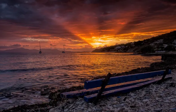 Picture sea, sunset, shore, bench, Aegina, Greek Island