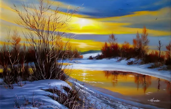 Picture water, the sun, snow, landscape, sunset, birds, nature, river
