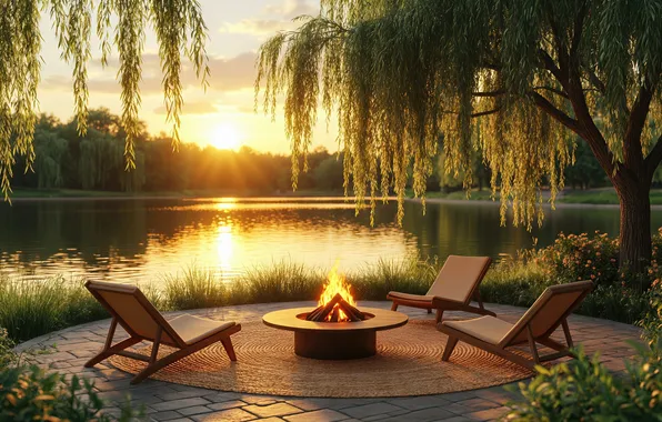 Wallpaper neural networks, AI art, digital art, digital art, the fire, AI Art, pond, the evening