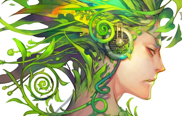 Anime, art, profile, guy, green hair
