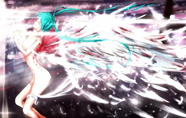 Picture girl, blood, wings, angel, feathers, art, vocaloid, hatsune miku