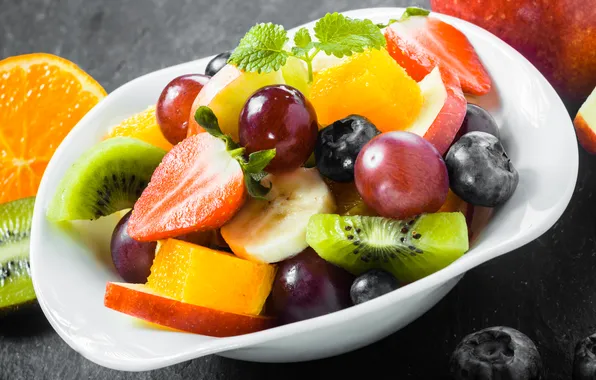Picture kiwi, strawberry, grapes, banana, dessert, fruit salad