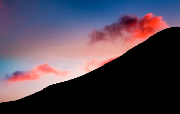Picture the sky, clouds, sunset, red, mountain, silhouette