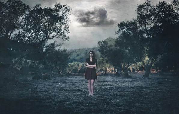The sky, girl, clouds, trees, treatment