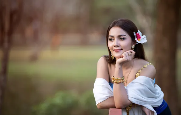 Flower, look, girl, decoration, nature, face, pose, smile