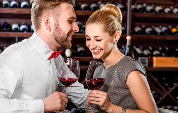 Picture girl, smile, wine, romance, pair, male, lovers