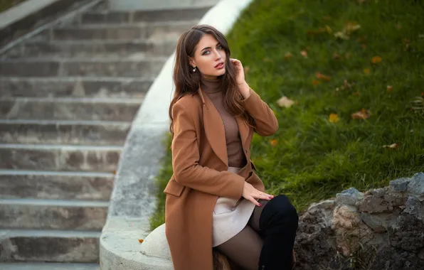 Picture look, girl, pose, boots, hands, ladder, coat, long hair