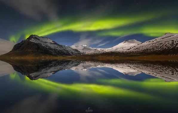 The sky, water, reflection, mountains, night, mountain, Northern lights, Norway