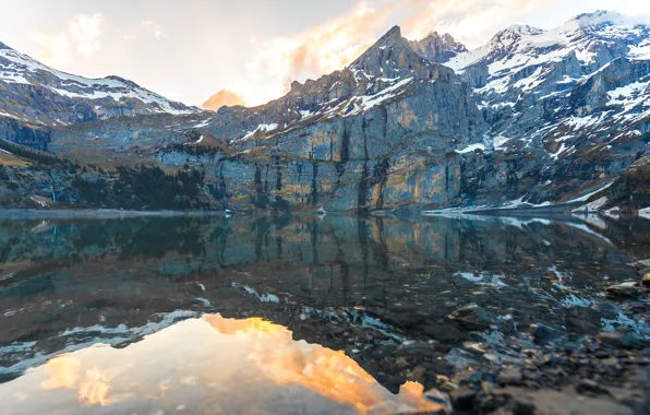Picture clouds, snow, mountains, lake, reflection, stones, rocks, shore