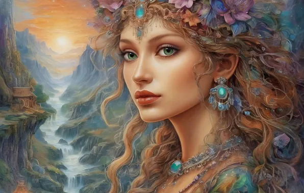 Girl, flowers, mountains, fairy, fantasy, imitation painting, AI art, neural network