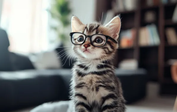 Cat, look, pose, kitty, grey, room, sofa, glasses