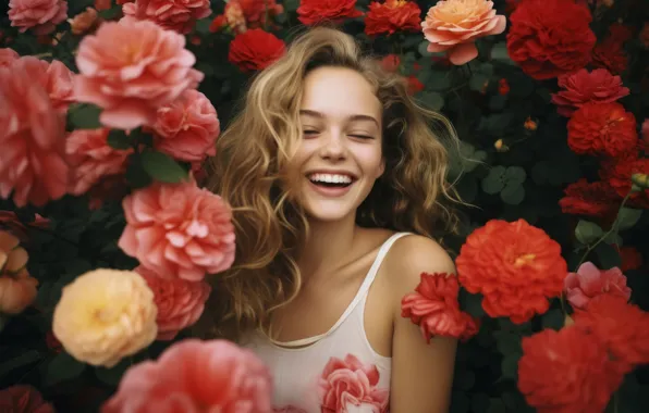 Summer, girl, joy, flowers, face, smile, portrait, roses