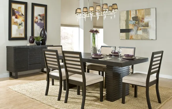 Table, chairs, interior, chandelier, pictures, vases, dining room, serving