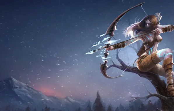 Ice, girl, snow, mountains, tree, bow, Archer, league of legends