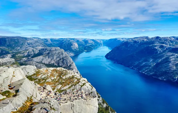 Mountains, river, blue, people, vegetation, tops, height, slope