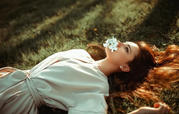 Grass, look, girl, light, flowers, face, pose, mood