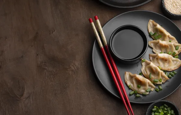 Soy sauce, dumplings, Asian cuisine, chopsticks