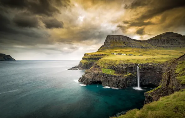 Sea, the sky, mountains, rocks, waterfall, Scotland, house