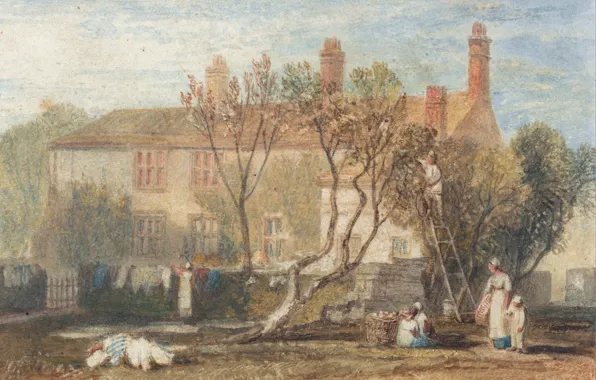 Landscape, house, people, picture, yard, watercolor, William Turner, Near Farnley