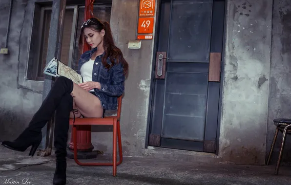 The door, chair, Asian, cutie, reading, asian, sitting, cutie