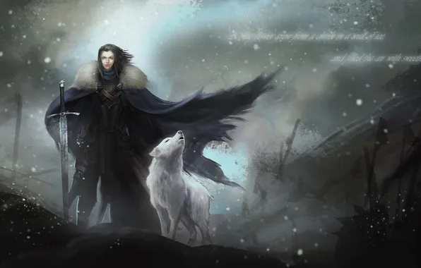 Picture sword, armor, cloak, Blizzard, the direwolf, Game Of Thrones, Jon Snow