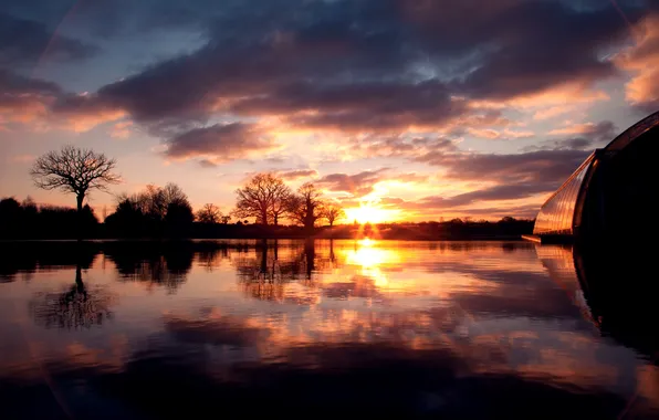 The sky, water, clouds, reflection, Solnce