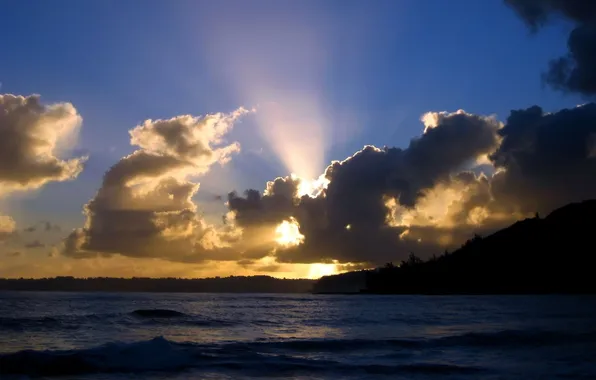 Sea, the sky, the sun, clouds, rays, landscape, sunset, nature