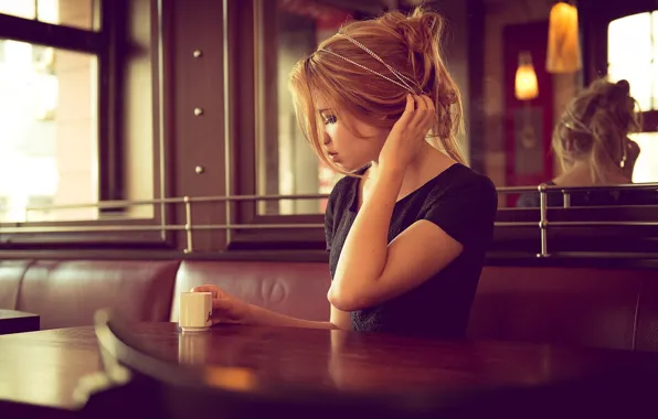 Coffee, blonde, Cup, cafe, curl, gesture