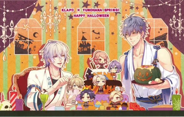 Cake, halloween, Japanese clothing, chandeliers, serving, two guys, chibiki, pumpkin with eyes