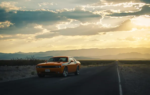 Road, the sun, clouds, hills, lights, silhouette, wheel, Dodge