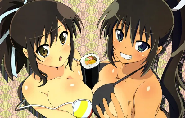 Smile, bikini, two girls, roll, look up