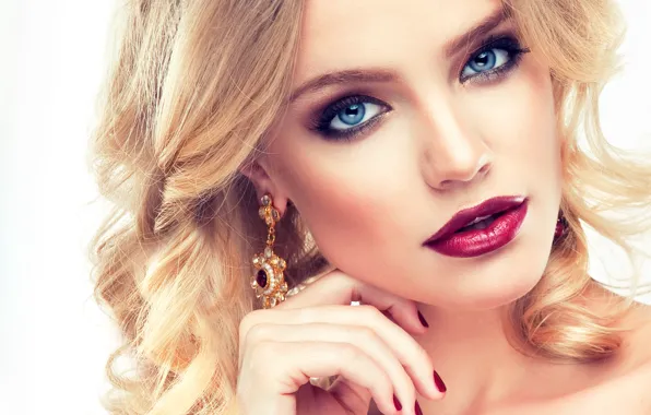 Eyelashes, model, hand, makeup, lipstick, hairstyle, blonde, blue eyes