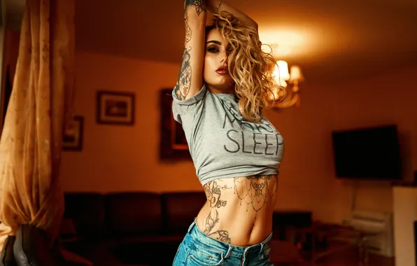 Look, sexy, room, model, tummy, jeans, hands, makeup