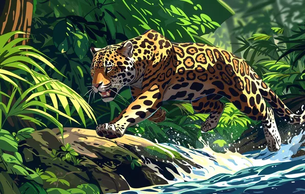 Water, Leaves, Jaguar, Predator, Jungle, Art, River, Digital art