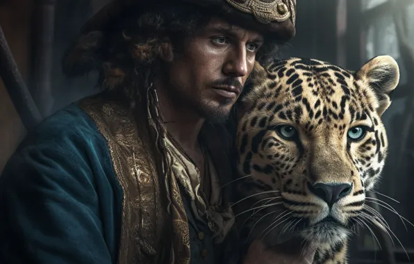 Look, portrait, pirate, leopard, image, male, headdress, AI art