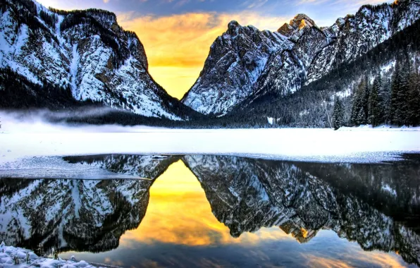 Picture winter, forest, the sky, snow, sunset, mountains, nature, lake