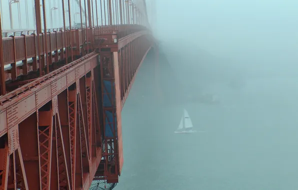 Red, bridge, fog, sailboat