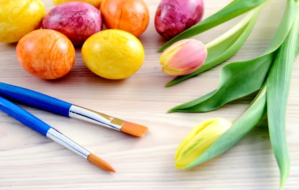 Flowers, holiday, eggs, Easter, tulips, brush, Easter, eggs