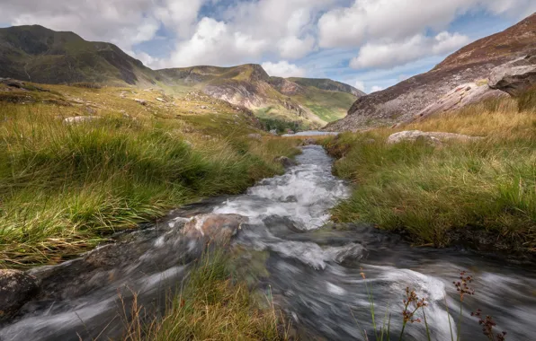 Landscape, mountains, stream, Wales