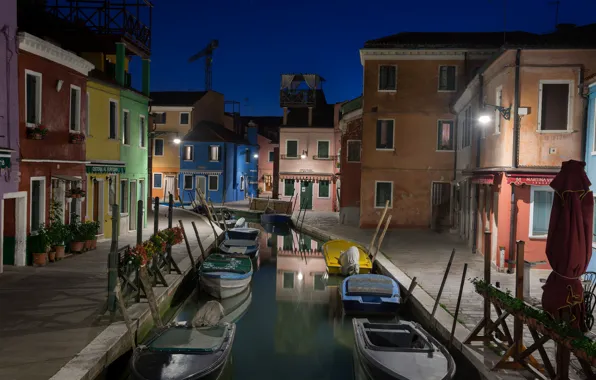 Night, boat, home, Italy, Venice, channel, Burano island