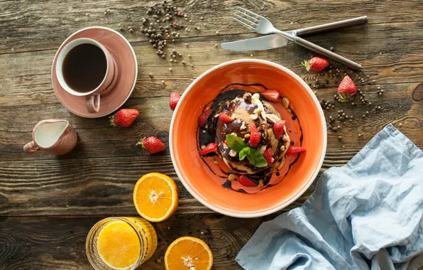 Picture coffee, chocolate, Breakfast, cream, strawberry, juice, wood, pancakes